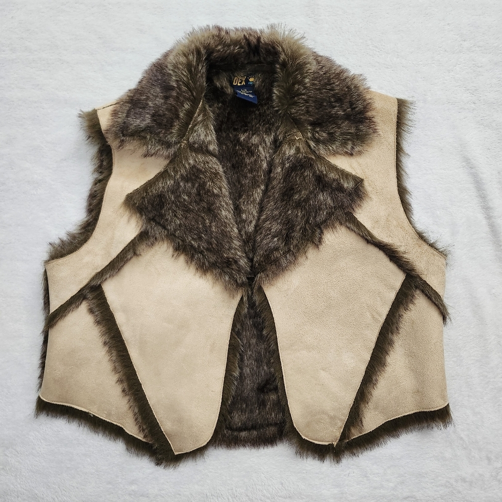 DEX Women's Faux Fur Shearling Vest Brown Beige Winter Layer Size Large